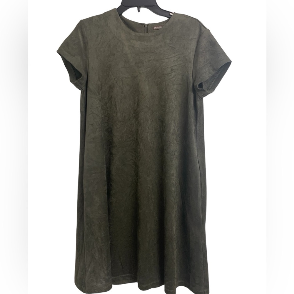 J Mc Laughlin Faux Swade Crew Neck Swing Dress Size L Green
